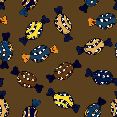 Renkli şeker dizayn kahverengi, siyah ve mavi zemin üzerine serpin, şeker veya fırın. Parlak sorunsuz vektör konfeti model parti.