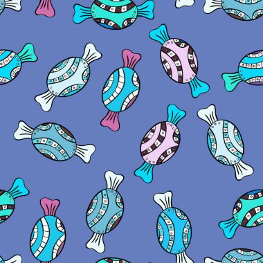 Vektör. Sevimli çizgi renkli kesintisiz vektör desenle şeker ve pamuk helva. Şeker mavi, siyah ve nötr renkler.