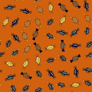 Şekerler sorunsuz arka plan üzerinde. Suluboya resim turuncu, siyah, kahverengi ve mavi renkler. Vektör.