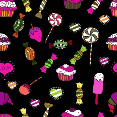 Vektör. Şekerler sorunsuz arka plan üzerinde. Siyah, kırmızı ve beyaz renkler suluboya resim.