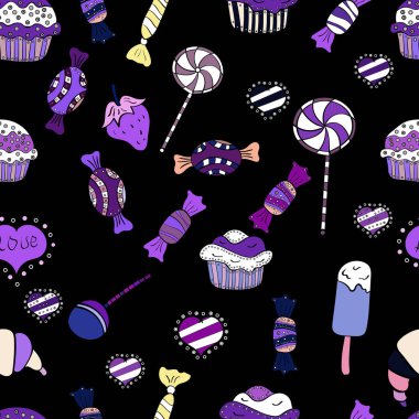 Vektör. Sevimli çizgi renkli kesintisiz vektör desenle şeker ve pamuk helva. Siyah, beyaz ve mor renkler şekerler.