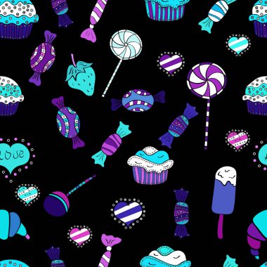 Vektör şeker mavi, siyah ve beyaz ile seamless modeli. Tekstil, kartlar, için tatlı web tasarım: lezzetli gerçekçi seamles arka plan: grafik fantastik şeker.