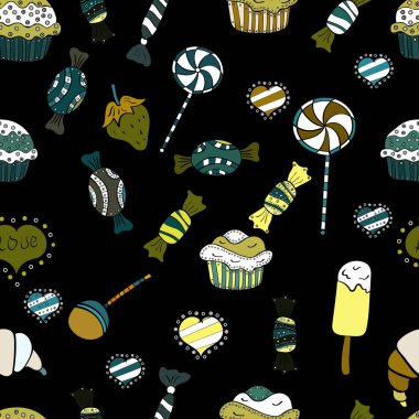 Dikişsiz desen beyaz, siyah ve yeşil renkler tatlı şeker. Vektör çizim.