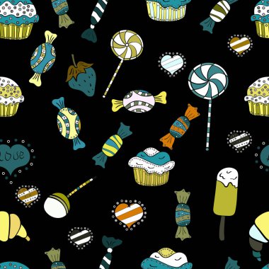 Şeker vektör doodle. Suluboya tatlılar şekerlemeler ile Seamless modeli. Yeşil, beyaz ve siyah renkler.