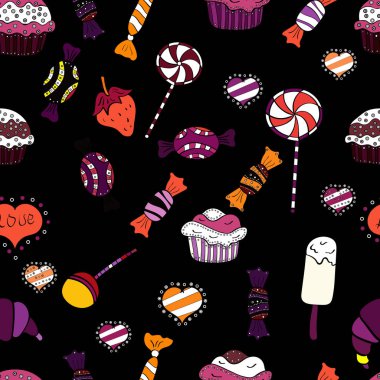 Beyaz, mor ve siyah arka plan ile şirin el çekilmiş tatlı illüstrasyon seamless modeli. Vektör.