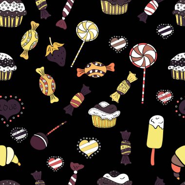 Dikişsiz desen siyah, sarı ve beyaz renkler tatlı şeker. Vektör çizim.