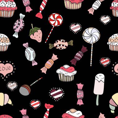 Vektör siyah, beyaz ve pembe şeker ile seamless modeli. Tekstil, kartlar, için tatlı web tasarım: lezzetli gerçekçi seamles arka plan: grafik fantastik şeker.