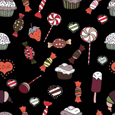 Vektör. Şekerler sorunsuz arka plan üzerinde. Siyah, beyaz ve kahverengi renkleri üzerinde suluboya resim.