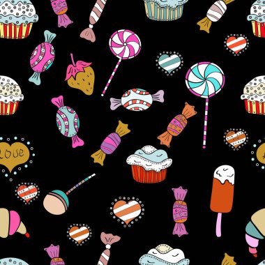 Tekstil, kartlar, için tatlı web tasarım: lezzetli gerçekçi seamles arka plan: grafik fantastik şeker. Siyah, beyaz ve pembe şeker ile vektör seamless modeli.