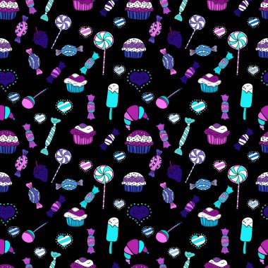 Siyah, mavi ve beyaz renkler. Şeker soyut geometrik tarzı ile renkli seamless modeli. Trendy vektör arka plan.