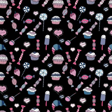 Vektör çizim. Siyah, tarafsız ve beyaz renkler tatlı şeker seamless modeli.