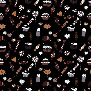 Sulu boya resimde siyah, kahverengi ve beyaz renkler. Vektör. Şekerler sorunsuz arka plan üzerinde.