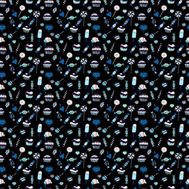 Parlak sorunsuz vektör konfeti model parti. Beyaz, mavi ve siyah arka plan üzerinde renkli şeker serpin, şeker veya fırın tasarım.