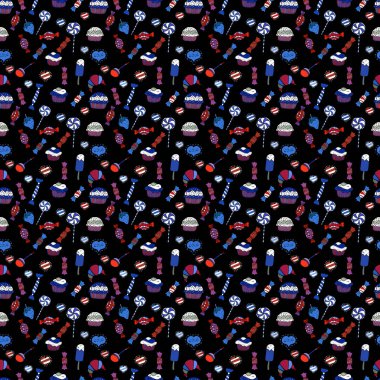 Şekerler sorunsuz arka plan üzerinde. Sulu Boya resimde beyaz, siyah ve mavi renkler. Vektör.