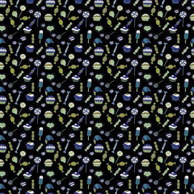 Sulu boya resimde siyah, beyaz ve mavi renkler. Vektör. Şekerler sorunsuz arka plan üzerinde.