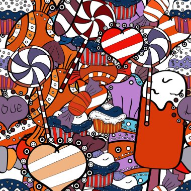 Vektör çizim. Şekerci dükkânı. Sorunsuz. Tatlılar ve mumlar, çizimler.