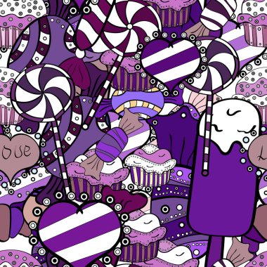 Şeker vektör doodle. Suluboya tatlılar şekerlemeler ile Seamless modeli. Beyaz, mor ve siyah renk.