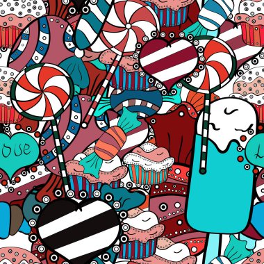 Sevimli ve renkli şeker tatlı Dikişsiz desen beyaz, mavi ve siyah arka plan üzerinde. Vektör çizim. İzole. Beyaz, mavi ve siyah sürümü.