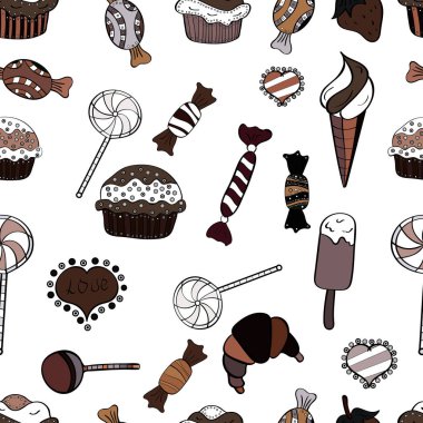 Şeker vektör doodle. Suluboya tatlılar şekerlemeler ile Seamless modeli. Beyaz, kahverengi ve siyah renk.