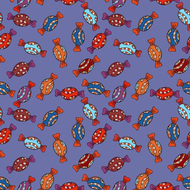 Suluboya illüstrasyon mavi, turuncu, siyah ve kırmızı renkler. Vektör. Şekerler sorunsuz arka plan üzerinde.