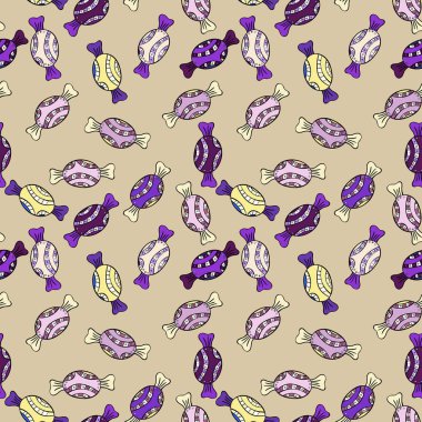 İlginç, Soyut El çekilmiş sorunsuz vektör şeker desen. Cadılar Bayramı davranır bej, siyah, mor ve tarafsız bir arka plan üzerinde renkli, retro el resimli.