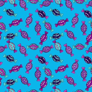 Mavi, siyah, mor ve pembe arka plan ile şirin el çekilmiş tatlı illüstrasyon seamless modeli. Vektör.