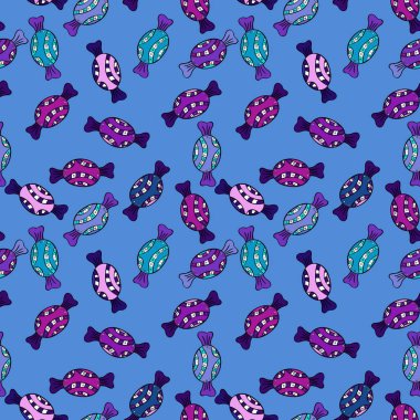 Mavi, mor, siyah ve mor zemin üzerine şeker ile Noel vektör seamless modeli. Yeni yıl vektör çizim. Noel hediyeleri için kağıt ambalaj.