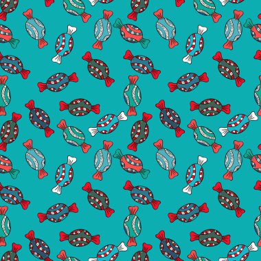 Sevimli ve renkli şeker tatlı seamless modeli mavi, siyah, kırmızı ve yeşil zemin üzerine. İzole. Mavi, siyah, kırmızı ve yeşil sürümü. Vektör çizim.