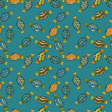 Vektör mavi, siyah, yeşil ve sarı şeker ile seamless modeli. Tekstil, kartlar, için tatlı web tasarım: lezzetli gerçekçi seamles arka plan: grafik fantastik şeker.