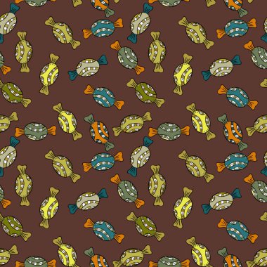 Oyun, kartpostal, davet ve web tasarımı için. Düz stil vektör çizim. Sorunsuz şekerler. Kahverengi, sarı ve siyah arka plan üzerine şeker.