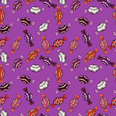 Suluboya resim mor, siyah ve turuncu renkler. Vektör. Şekerler sorunsuz arka plan üzerinde.