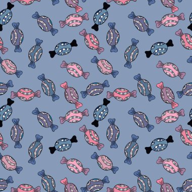 Sevimli çizgi renkli kesintisiz vektör desenle şeker ve pamuk helva. Mavi, siyah ve nötr renkler şekerler. Vektör.