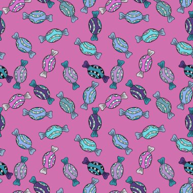 Renkli şeker seamless modeli. Pembe, mavi ve siyah renk. Vektör.