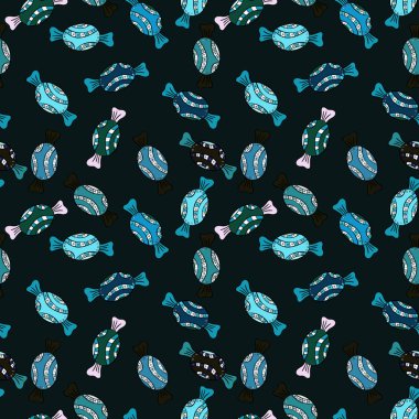 Sevimli çizgi renkli kesintisiz vektör desenle şeker ve pamuk helva. Şekerler gri, mavi ve siyah renkler. Vektör.