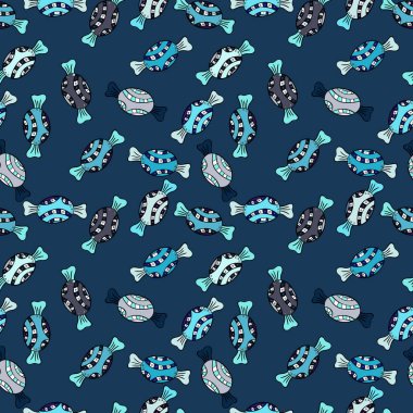 Mavi, siyah ve tarafsız arka plan üzerinde izole seamless modeli ile suluboya tatlılar şekerlemeler, elle çizilmiş. Vektör çizim.