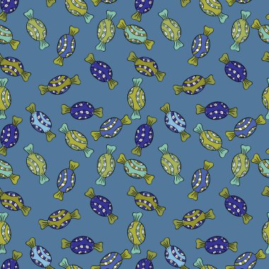 Vektör. Mavi, yeşil ve siyah arka plan ile şirin el çekilmiş tatlı illüstrasyon seamless modeli.