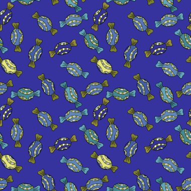 Parlak sorunsuz vektör konfeti model parti. Mavi, yeşil ve siyah arka plan üzerinde renkli şeker serpin, şeker veya fırın tasarım.