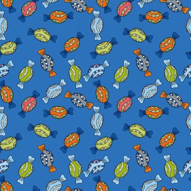 Şeker vektör doodle. Suluboya tatlılar şekerlemeler ile Seamless modeli. Mavi, siyah ve yeşil renkler.