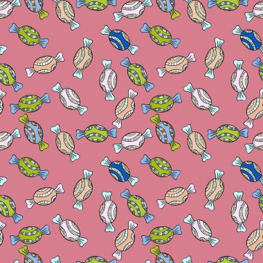 Oyun, kartpostal, davet ve web tasarımı için. Şeker pembe, siyah ve tarafsız arka plan üzerinde. Düz stil vektör çizim. Sorunsuz şekerler.