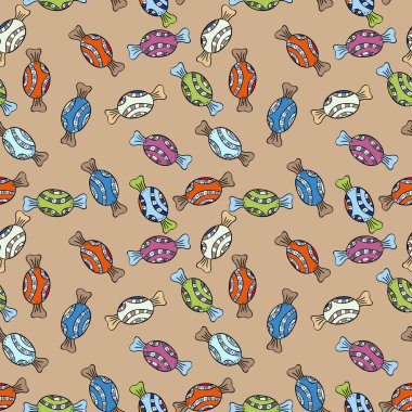 Sorunsuz şekerler. Bej renkli, siyah ve mavi zemin üzerine şeker. Düz stil vektör çizim. Oyun, kartpostal, davet ve web tasarımı için.