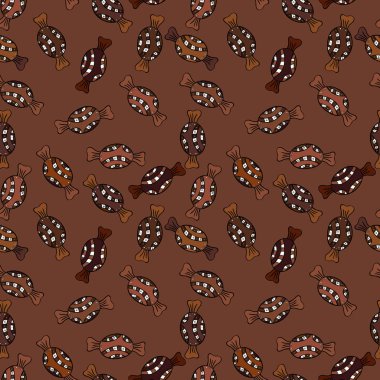 Vektör çizim. Dikişsiz desen suluboya tatlılar şekerlemeler ile elle çizilmiş bir kahverengi, siyah ve beyaz arka plan üzerinde izole..