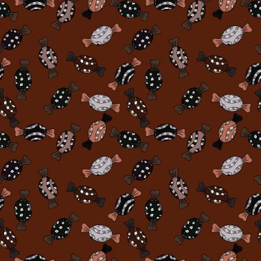 Yeni yıl vektör çizim. Noel hediyeleri için kağıt ambalaj. Kahverengi, siyah ve gri arka plan üzerine şeker ile Noel vektör seamless modeli.