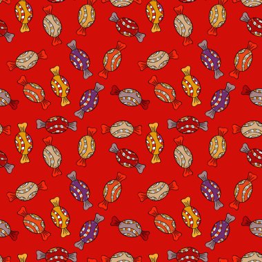 Renkli, retro el Cadılar Bayramı davranır bir kırmızı, siyah ve turuncu zemin üzerine resimli. İlginç, Soyut El çekilmiş sorunsuz vektör şeker desen.