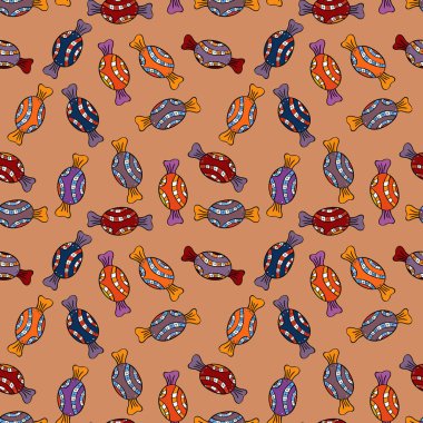 Tekstil, kartlar, için tatlı web tasarım: lezzetli gerçekçi seamles arka plan: grafik fantastik şeker. Turuncu, siyah ve mor şeker ile vektör seamless modeli.