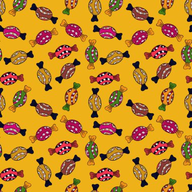 Vektör çizim. Dikişsiz desen suluboya tatlılar şekerlemeler ile elle çizilmiş bir sarı, siyah, turuncu, gri ve kırmızı arka plan üzerinde izole..