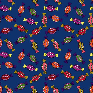 Oyun, kartpostal, davet ve web tasarımı için. Düz stil vektör çizim. Mavi, siyah ve sarı zemin üzerine şeker. Sorunsuz şekerler.