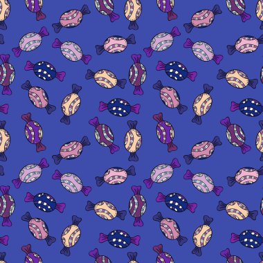 Sevimli ve renkli şeker tatlı seamless modeli mor, siyah ve mavi arka plan üzerinde. Vektör çizim. Mor, siyah ve mavi sürümü. İzole.