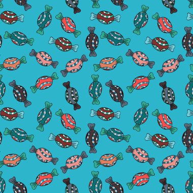 Tekstil, kartlar, için tatlı web tasarım: lezzetli gerçekçi seamles arka plan: grafik fantastik şeker. Mavi, siyah ve tarafsız şeker ile vektör seamless modeli.