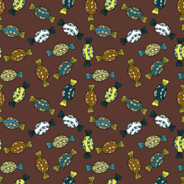 Tekstil, kartlar, için tatlı web tasarım: lezzetli gerçekçi seamles arka plan: grafik fantastik şeker. Kahverengi, siyah ve sarı şeker ile vektör seamless modeli.