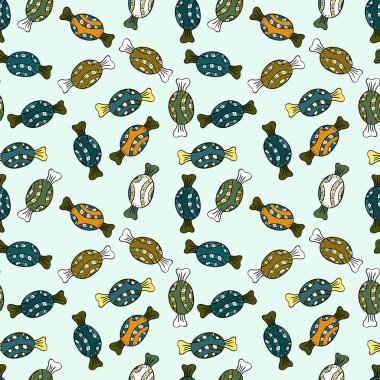 Dikişsiz desen tarafsız, siyah, yeşil, mavi ve sarı renkler tatlı şeker. Vektör çizim.